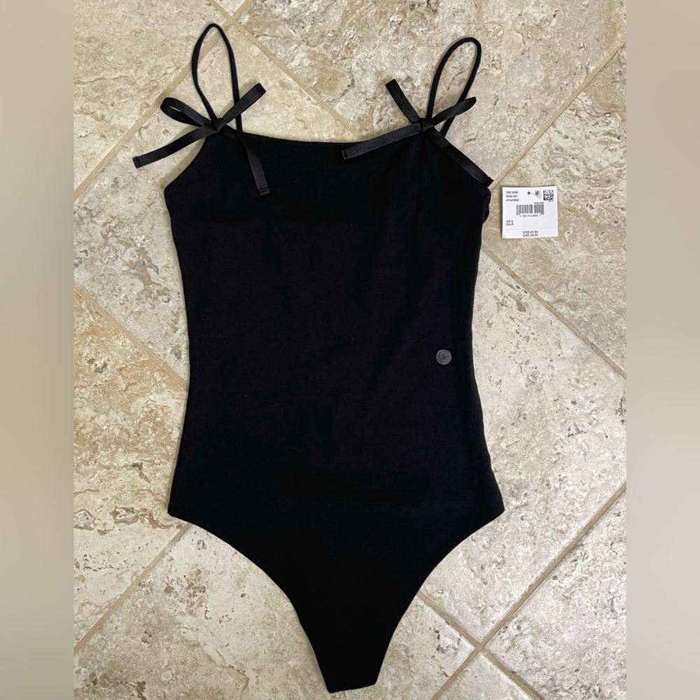 American Eagle Outfitters Black Bodysuit Sleek Design Small NWT ribbon details